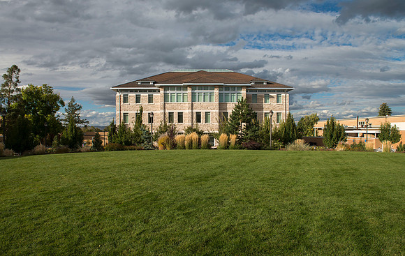 Changing seasons with coming of autumn at BYU-Idaho. Jacob Spori Building