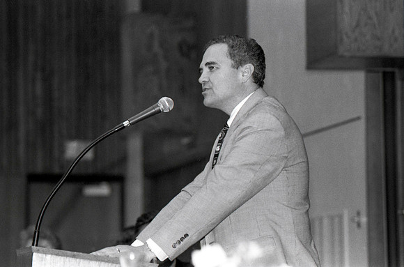 The Business Department holds an Awards Banquet. President Bennion addresses the audience. March 1995.