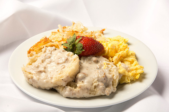 Scrambled eggs, choice of meat: Sausage Patties, Link Sausage, Bacon or Ham. Served with Hash Browns and Baker's Choice of Pastry.