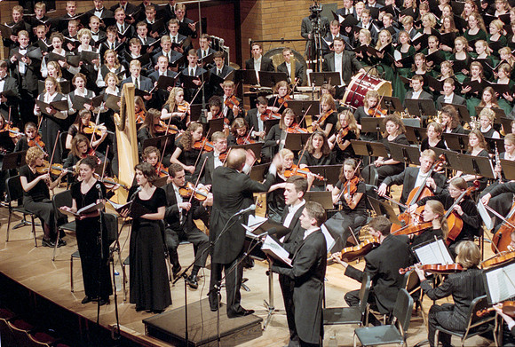 1999 Sacred Music Performance in the Snow Barrus Concert Hall. Commissioned composition by Merrill Jenson. Featuring Ricks College Symphony Orchestra, Collegiate Singers, and Concert Chorale with LDS