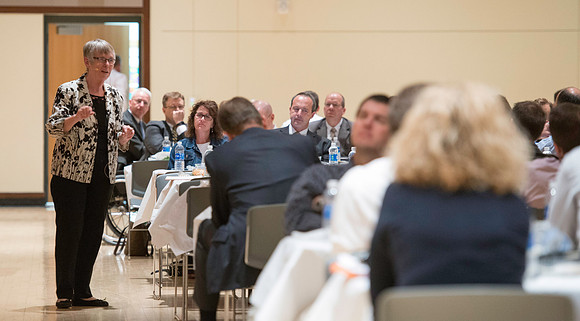 Dr. Maryellen Weimer addresses the faculty during a luncheon. Maryellen Weimer, Professor Emerita of Teaching and Learning at Penn State Berks, edits The Teaching Professor, a monthly higher education
