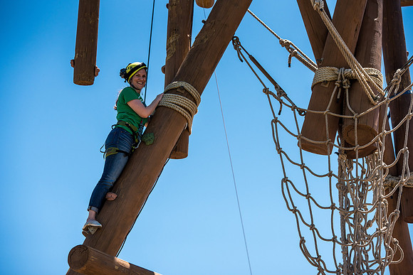 Online Instructors come to BYU-Idaho campus for further learning to enhance teaching skills. Instructor, Rebecca Dance, takes her turn at the Ropes Course.