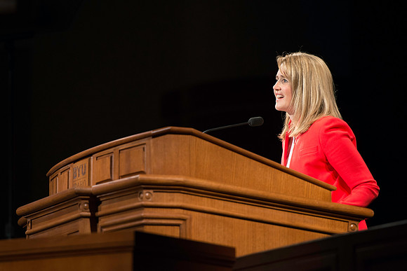 President and Sister Gilbert address the students the first devotional of the semester.