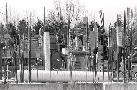Construction takes place on the Religion Building site.