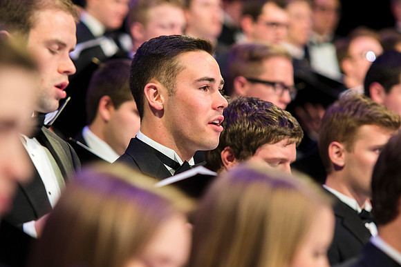 Brigham Young University-Idaho's Symphony Orchestra, Collegiate Singers, Concert Choir, Men's Choir, and Women's Choir rehearses in the I-Center for their "The Redeemer" performance.