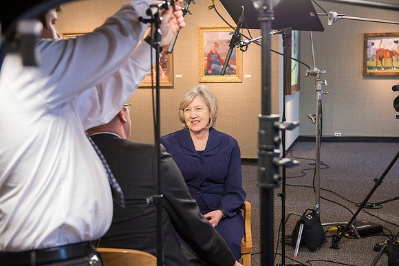 Robyn Bergstrom, of the Communications Department, gets interviewed by President Clark G. Gilbert.