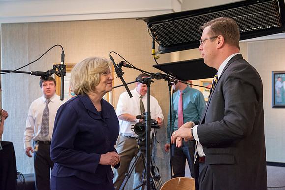 Robyn Bergstrom, of the Communications Department, gets interviewed by President Clark G. Gilbert.