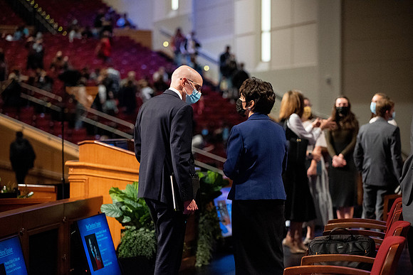 BYUI students and faculty gather together at devotional to hear Elder Gary B. and Sister Valerie Sabin speak.