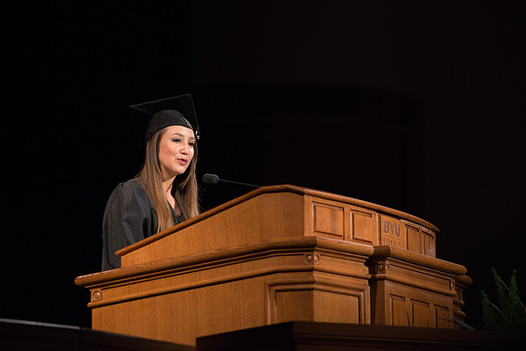College of Agriculture and Life Sciences Convocation in the Byu-Idaho Center. Student speaker, Christina Nateras, a Nursing graduate.