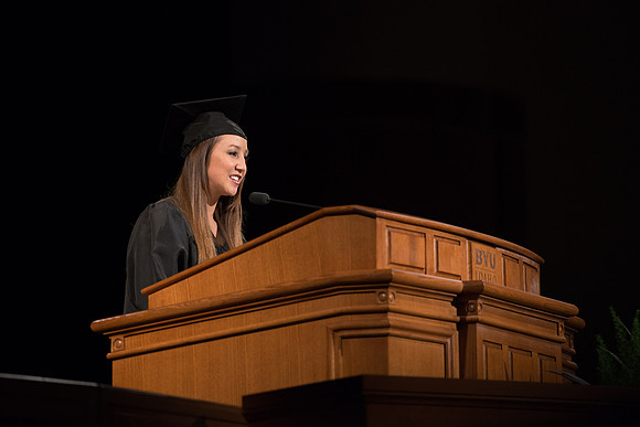 College of Agriculture and Life Sciences Convocation in the Byu-Idaho Center. Student speaker, Christina Nateras, a Nursing graduate.