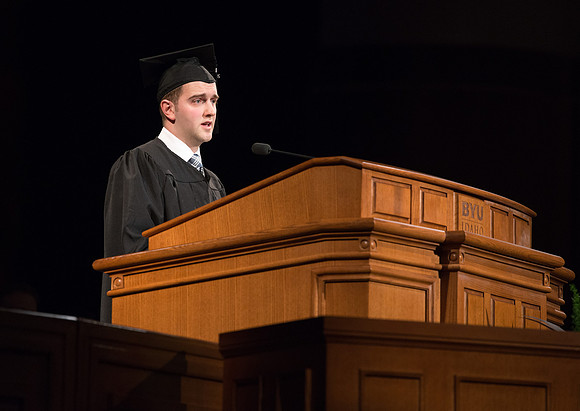 College of Agriculture and Life Sciences Convocation in the Byu-Idaho Center. stduent speaker Brendon Larsen, a Exercise Physiology graduate.