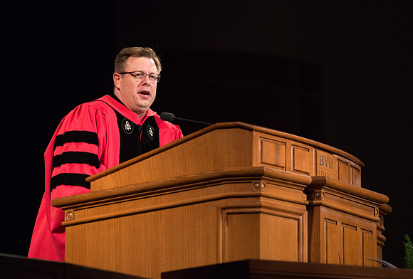 President Clark Gilbert speaks to the College of Agriculture and Life Sciences Convocation in the BYU-Idaho Center.