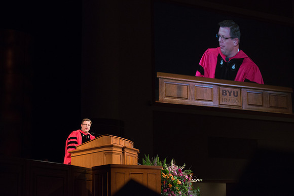 President Clark Gilbert speaks to the College of Agriculture and Life Sciences Convocation in the BYU-Idaho Center.
