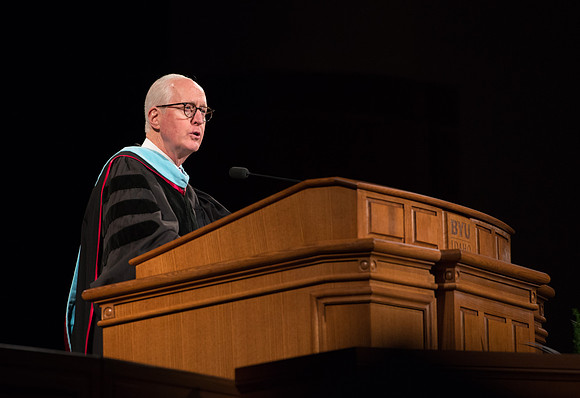 Elder Larry Y. Wilson, General Authority Seventy, speaks to the College of Agriculture and Life Sciences Convocation in the Byu-Idaho Center.