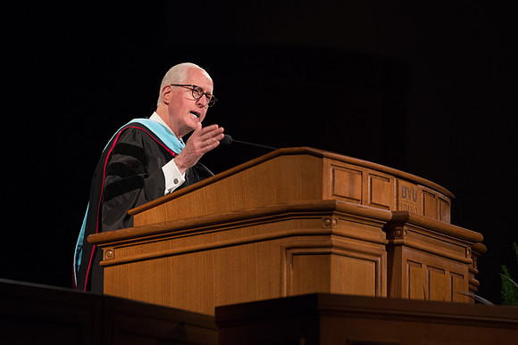 Elder Larry Y. Wilson, General Authority Seventy, speaks to the College of Agriculture and Life Sciences Convocation in the Byu-Idaho Center.