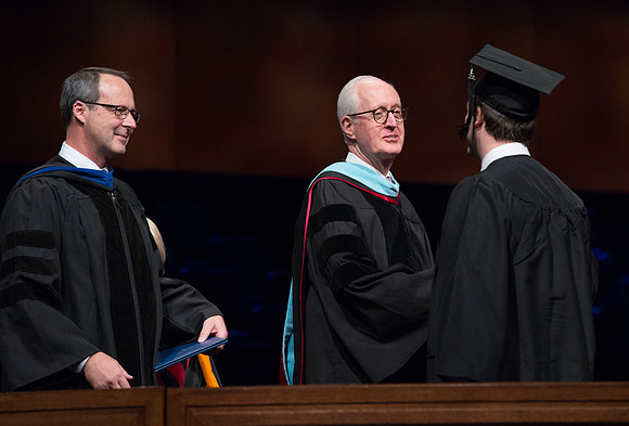 College of Agriculture and Life Sciences Convocation in the Byu-Idaho Center. Elder Wilson and President Clark along with College Dean, John Zenger congratulate the graduates.