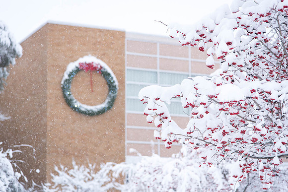 Snow on campus for graduation, Fall 2016.