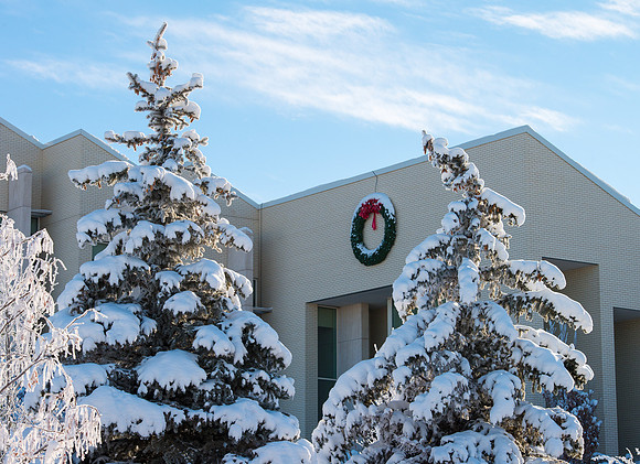 A beautiful winter day at BYU-Idaho. christmas wreath on Taylor Building