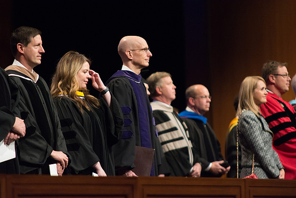 President Henry J. Eyring on the stand at Commencement.