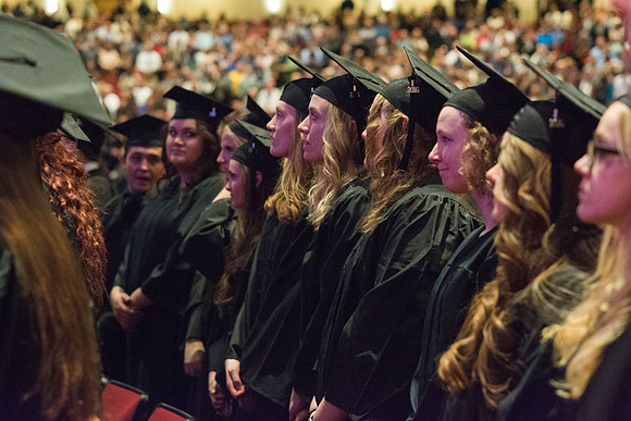 Graduates wait for Commencement to begin.