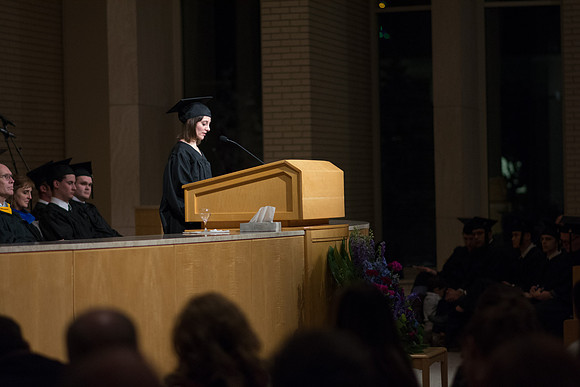 A student of the College of Physical Sciences addresses the graduates at the Convocation.