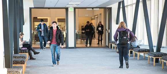 Students avoid the outdoor temperatures by walking through the Skybridge.