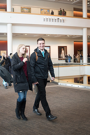 Students leave devotional after listening to President and Sister Gilbert speak.