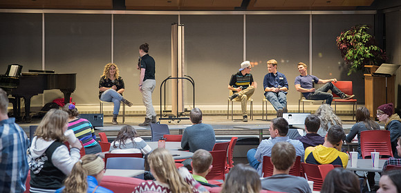 Students of BYU-Idaho gather around for "The Dating Game."