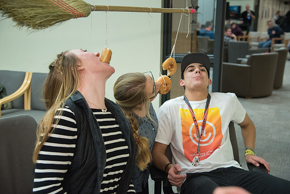 Students of BYU-Idaho participate in "Minute to Win It" Games.