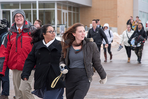 Students around campus going to devotional.