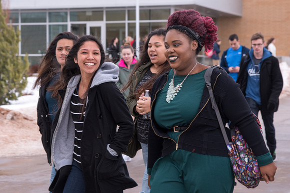 Students around campus going to devotional.