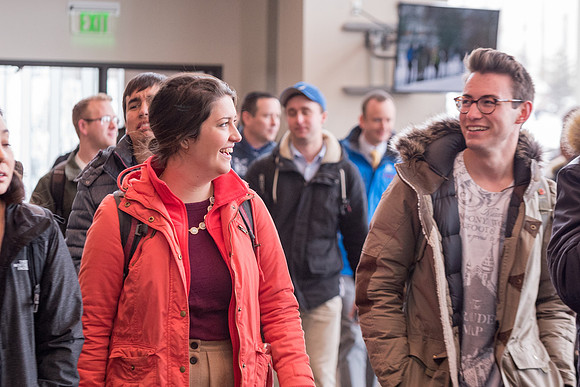 Students around campus going to devotional.