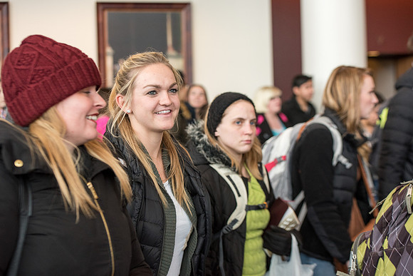 Students around campus leaving devotional.