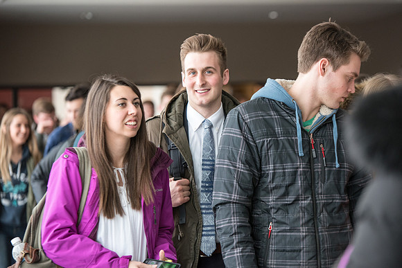 Students around campus leaving devotional.