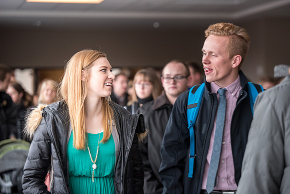 Students around campus leaving devotional.