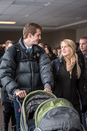 Students around campus leaving devotional.