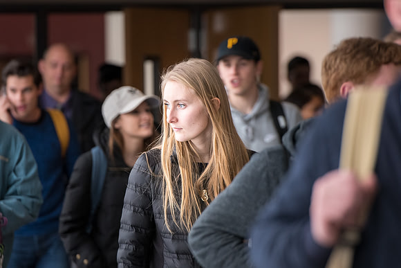 Students around campus leaving devotional.