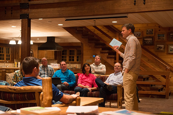 Retreat for teachers at the Sky Mountain Lodge in Victor, Idaho. Participants share a favorite book.