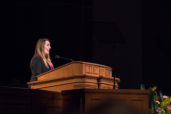 Bonnie Moon, of the Mathematics Department, speaks at devotional.