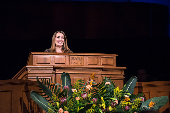 Bonnie Moon, of the Mathematics Department, speaks at devotional.