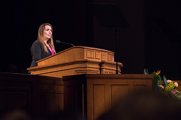 Bonnie Moon, of the Mathematics Department, speaks at devotional.