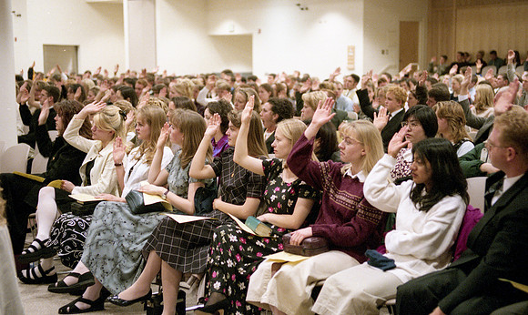 Students gather for devotional and church at Rick's College