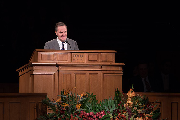Elder Peter F. Meurs from the Seventy speaks to BYU-Idaho students during Devotional.