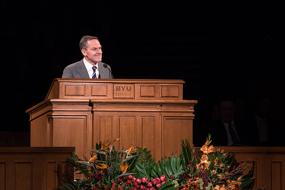 Elder Peter F. Meurs from the Seventy speaks to BYU-Idaho students during Devotional.