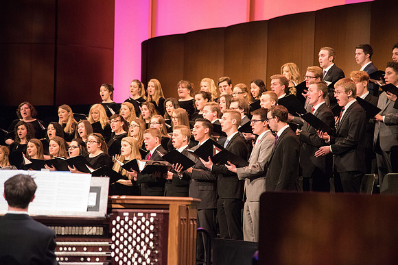 The BYU-Idaho Choir sings, "The Spirit of God," in Devotional.