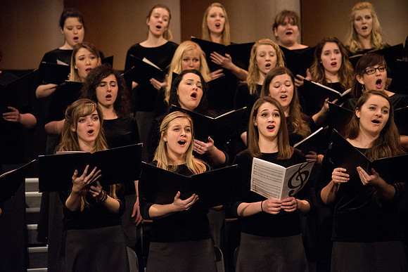 The BYU-Idaho Choir sings, "The Spirit of God," in Devotional.