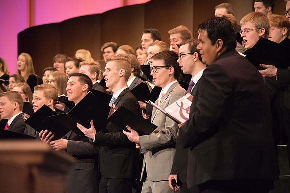 The BYU-Idaho Choir sings, "The Spirit of God," in Devotional.