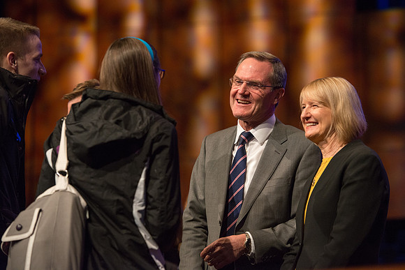Elder Peter Meurs of the Quorum of the Seventy greets students after Devotional in the BYU-Idaho Center.