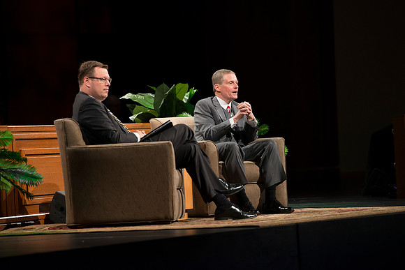 President Gilbert and Elder David A. Bednar Have a Q&A style meeting for the BYU-Idaho employees. Elder Bednar was the President during the transition of Ricks College to BYU-Idaho.