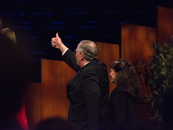 Prior to leaving, Elder Neil L. Anderson gives the BYU-Idaho Choir a "thumbs up."